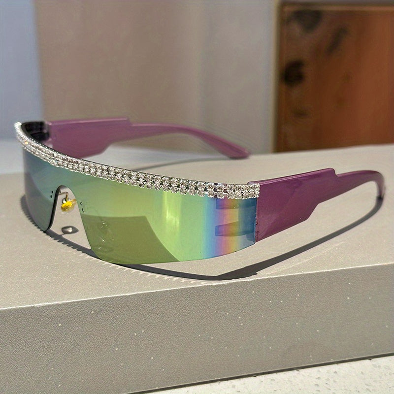 Y2K Rhinestone One-piece Sunglasses Punk Futuristic Mirror Lens UV400