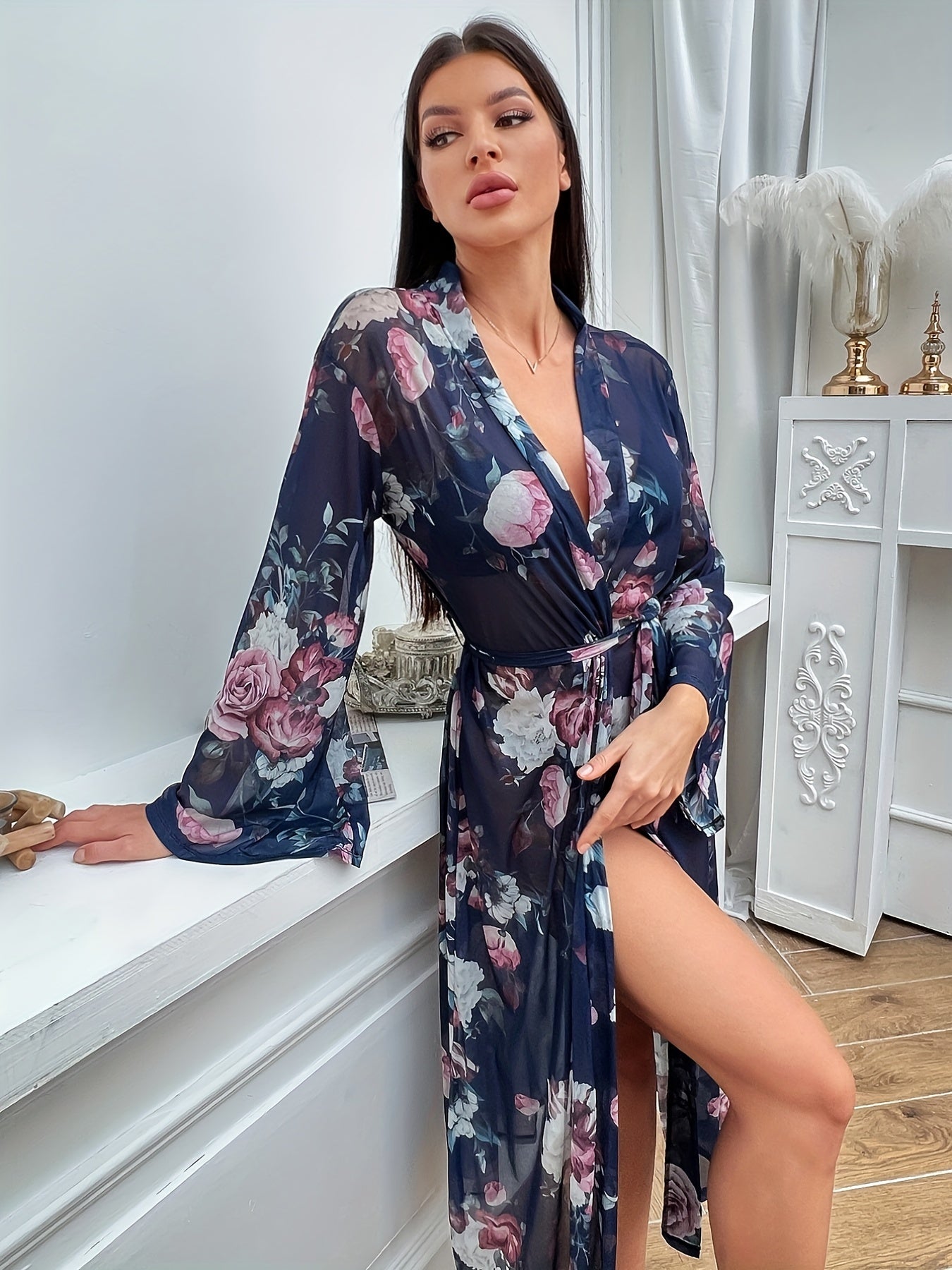 Floral Print Mesh Night Robe Long Sleeve V Neck Robe With Belt