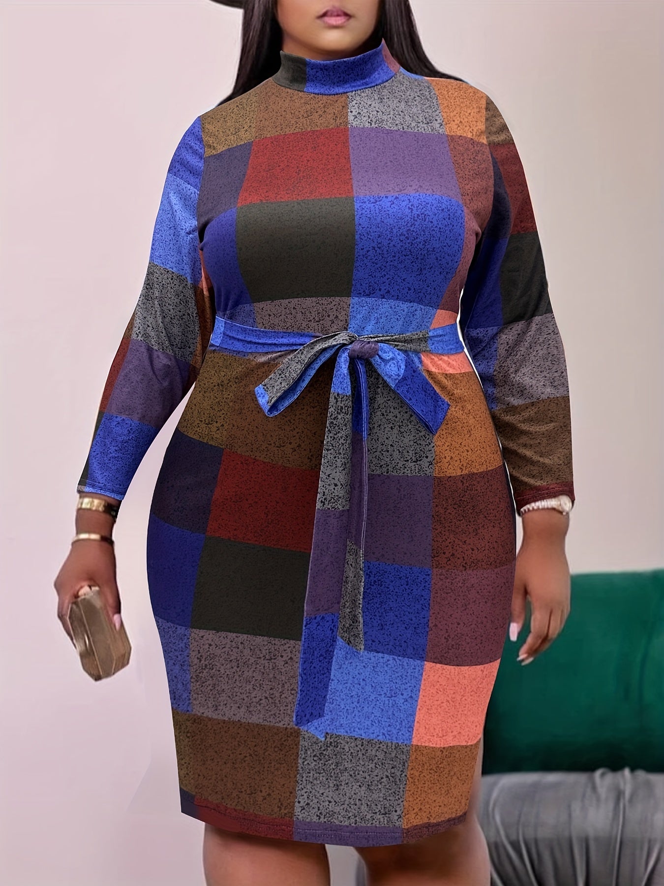  Plaid Print Long Sleeve Bodycon Midi Dress