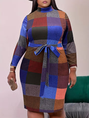  Plaid Print Long Sleeve Bodycon Midi Dress