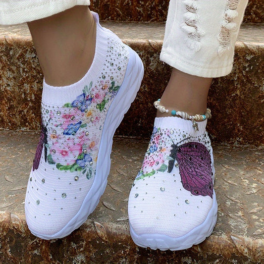 Women's Butterfly & Floral Print Sneakers Rhinestone Decor Knit Shoes