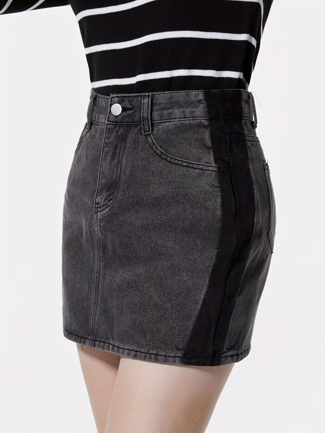 Dark Gray Denim Skirt with Slash Pockets