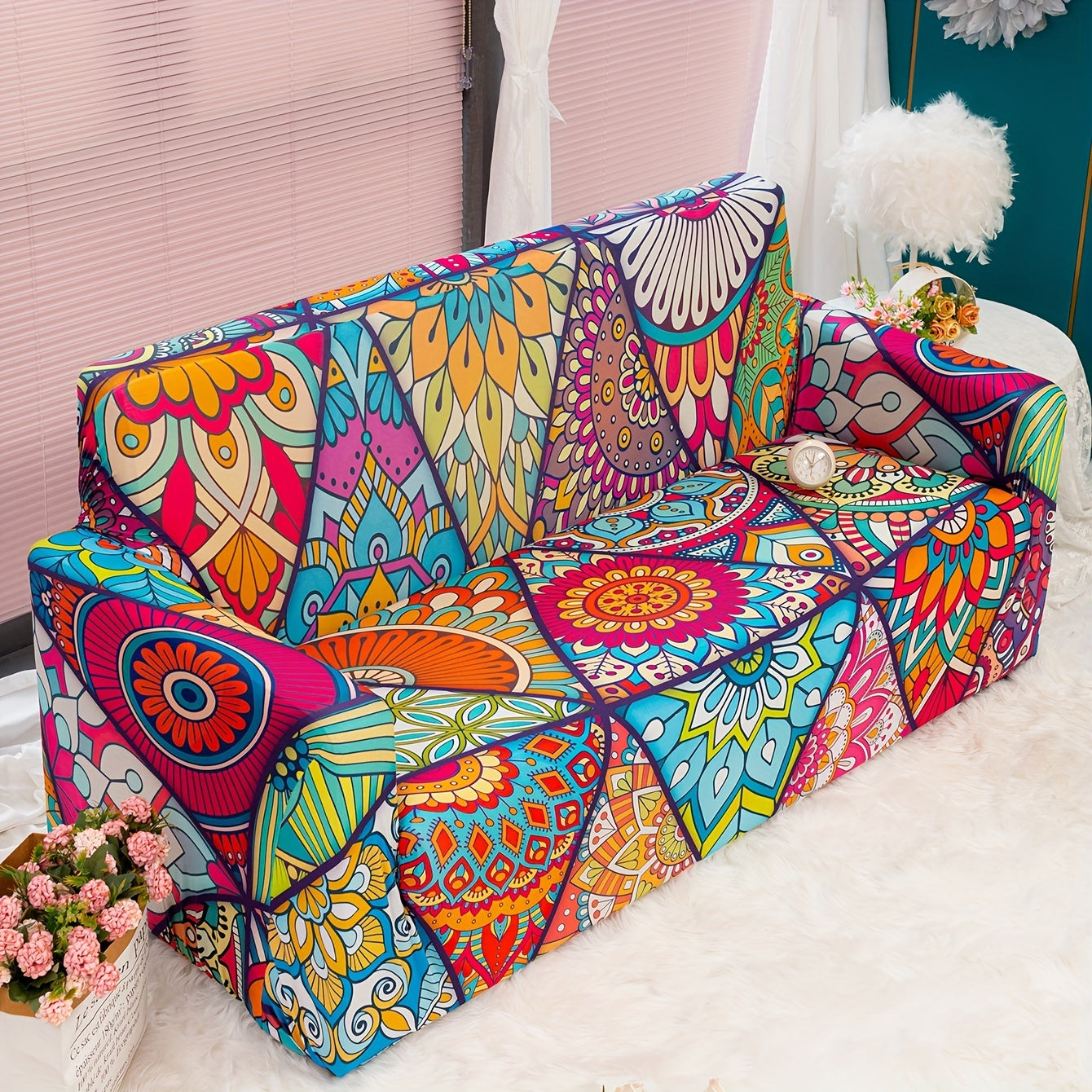 Classic Boho Silk Printed Sofa Slipcover Non-slip Furniture Protector