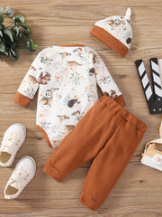 3pcs Animal Print Romper Bodysuit & Pants & Hat Set for Newborn Boys/Girls