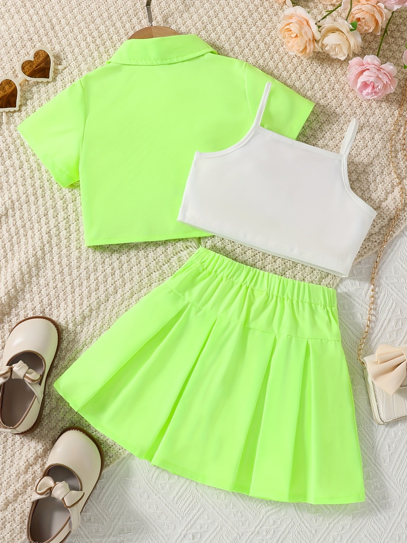 3pcs Girls Button Shirt & Pleated Skirt & Cami Crop Top Set