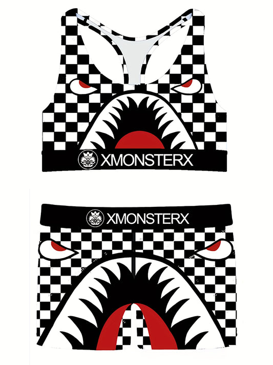 Girls Monster Graphic Plaid Activewear Set - Top & Shorts