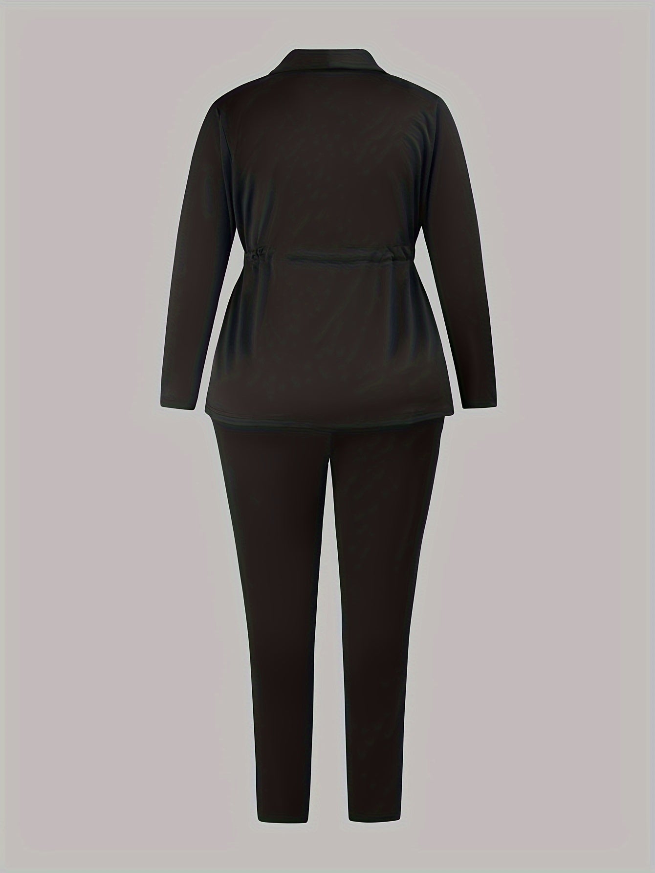  Solid Drawstring Long Sleeve V Neck Blazer & Pants Outfits Set