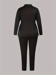  Solid Drawstring Long Sleeve V Neck Blazer & Pants Outfits Set