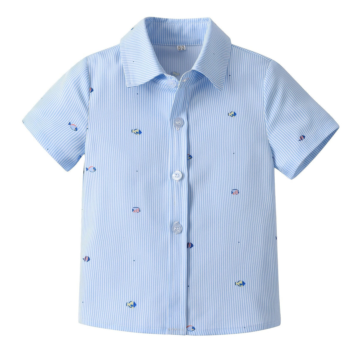 Boys Fish Print Striped Button Short Sleeve Shirts
