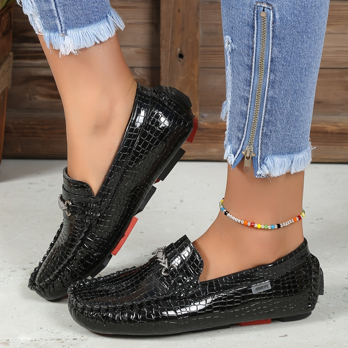 Women's Metallic Decor Loafers Slip On Low Round Toe Non-slip Patent Leather