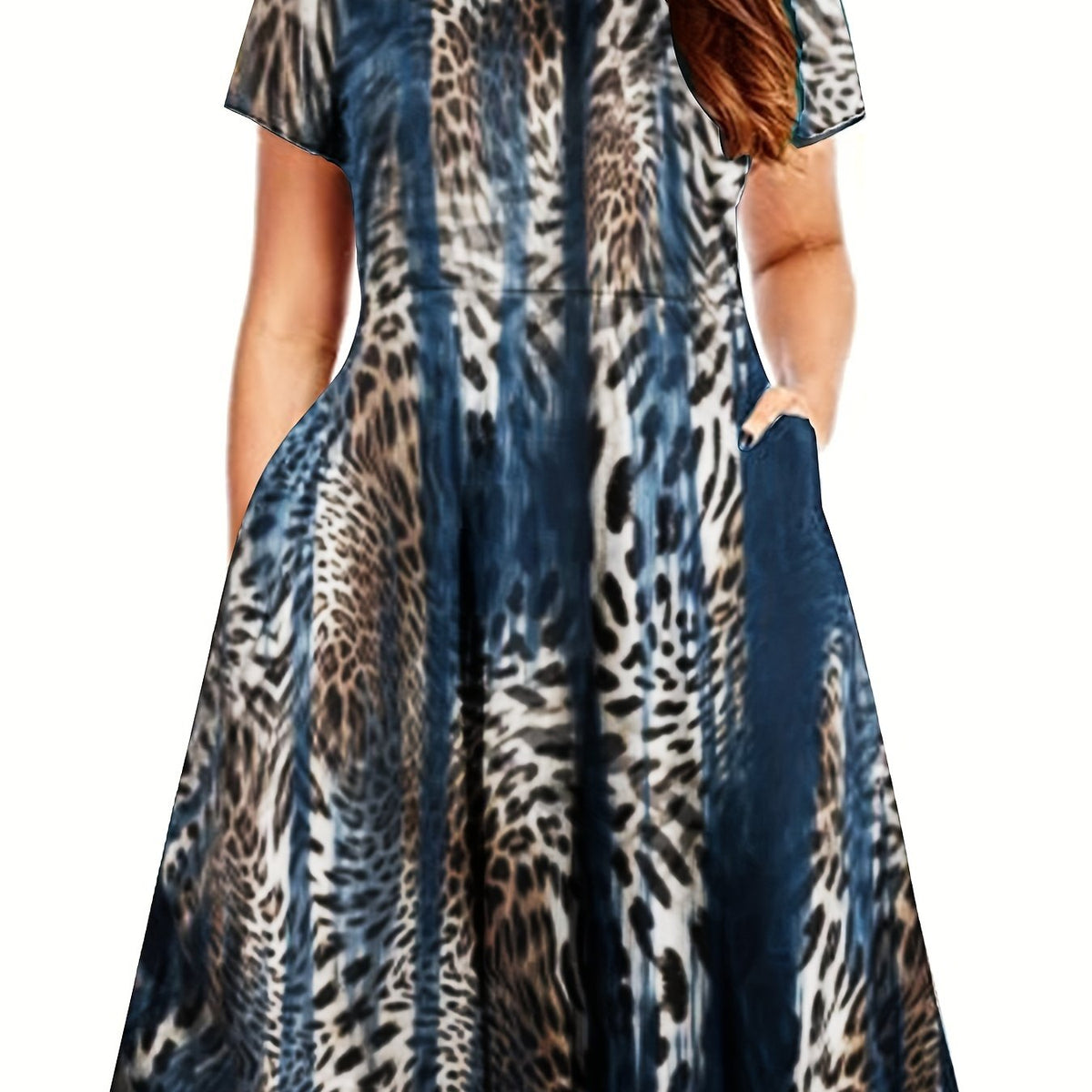 Leopard Print Short Sleeve Casual Dress with Pockets
