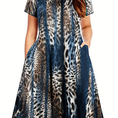 Leopard Print Short Sleeve Casual Dress with Pockets