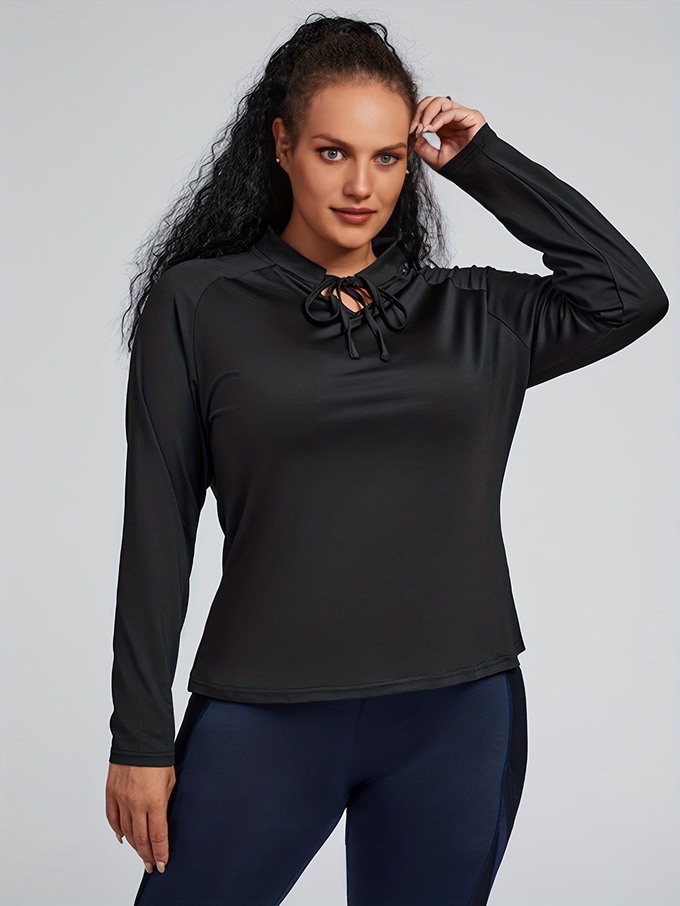  Solid Long Sleeve Quick Drying Keyhole Tie Top