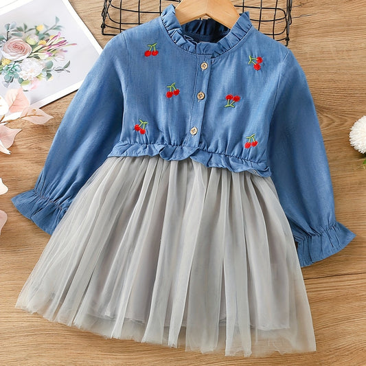Girls Cherry Embroidery Tutu Dress For Spring And Autumn