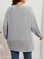  Solid Ribbed Long Sleeve Open Front Cardigan