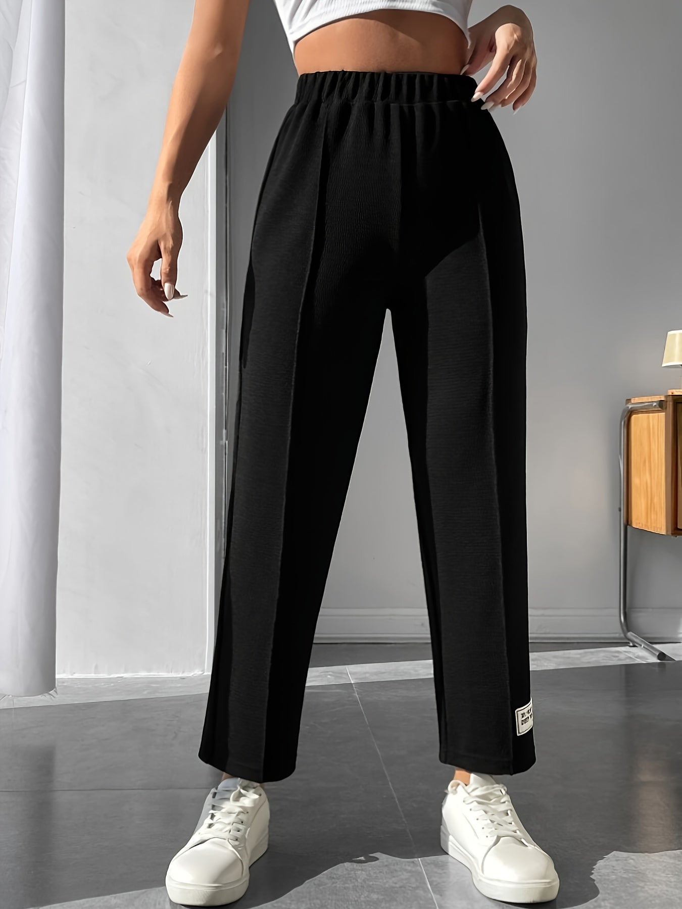  Casual Pants Women's Plus Letter Patched Elastic Waist Straight Leg