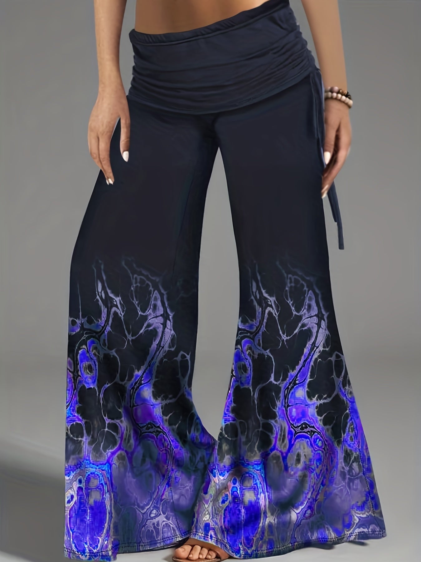  Halloween Goth Pants Flame Print Side Ruched Flared T