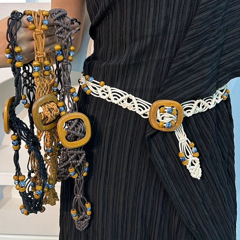 Boho Braided Belt with Vintage Wood Beads