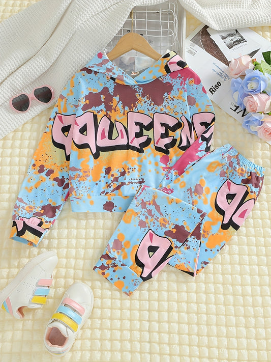 Girl's Splash Long Sleeve Hoodie & Pants Set Letter Print Casual Outfits