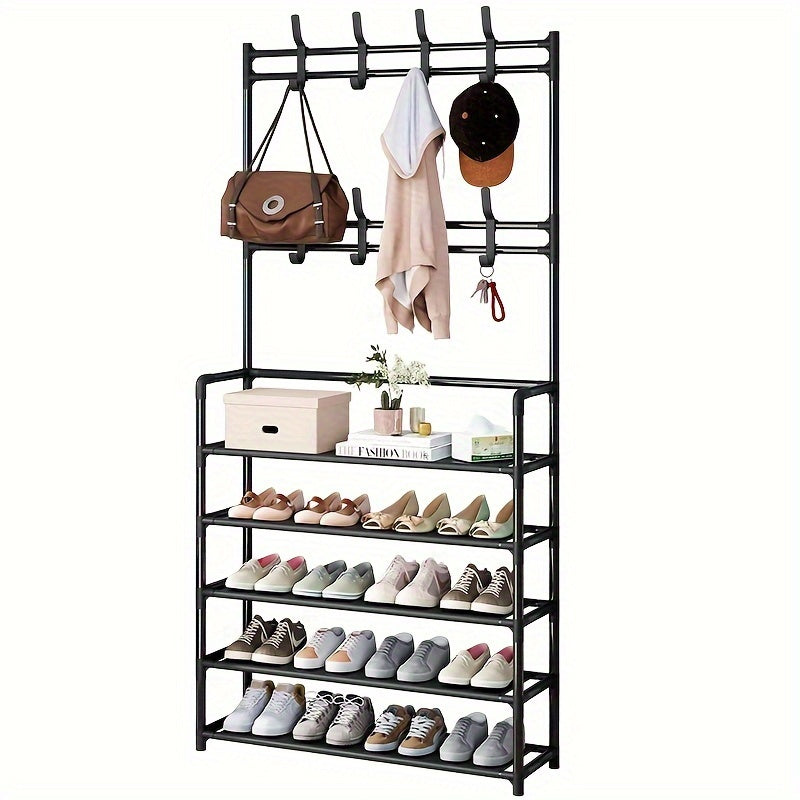 Clothes Storage Rack With Shoe Storage Rack Metal Stand Hooks Organiza