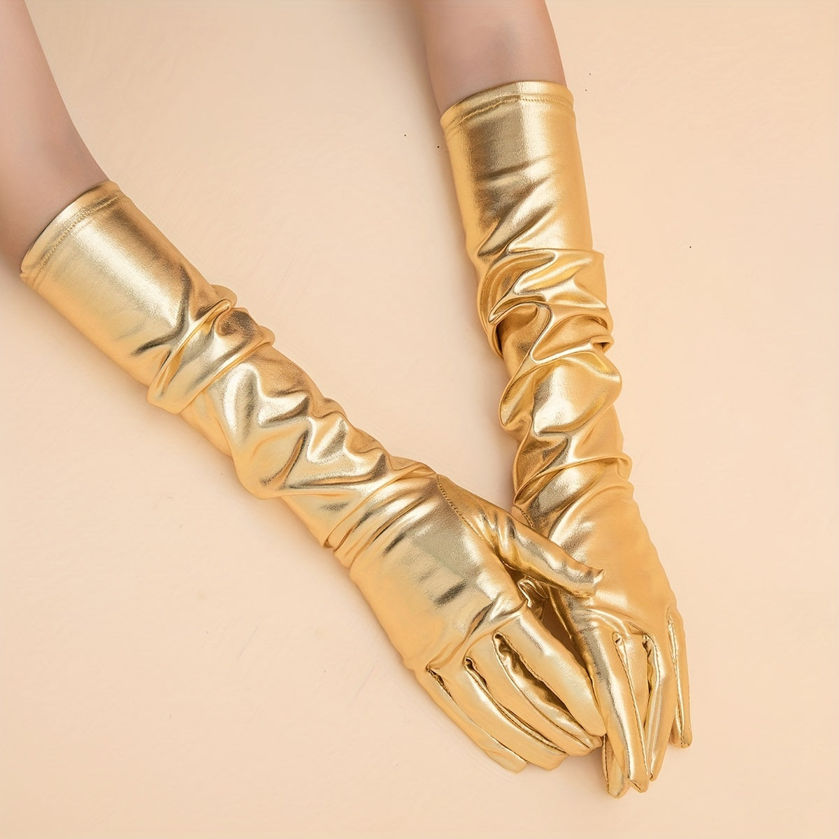 Bright PU Leather Long Gloves Golden Silvey Decorative Dress Gloves Accessories