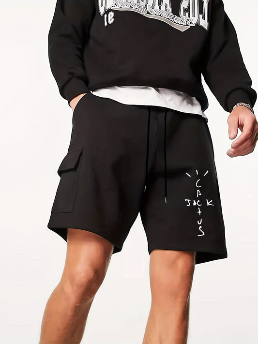 Men's Cross Letter Cargo Short Pants Lightweight Drawstring Loose Work Outdoors