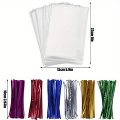 100 Clear Cellophane Bags with Twist Ties for Bakery Cookies & Candies