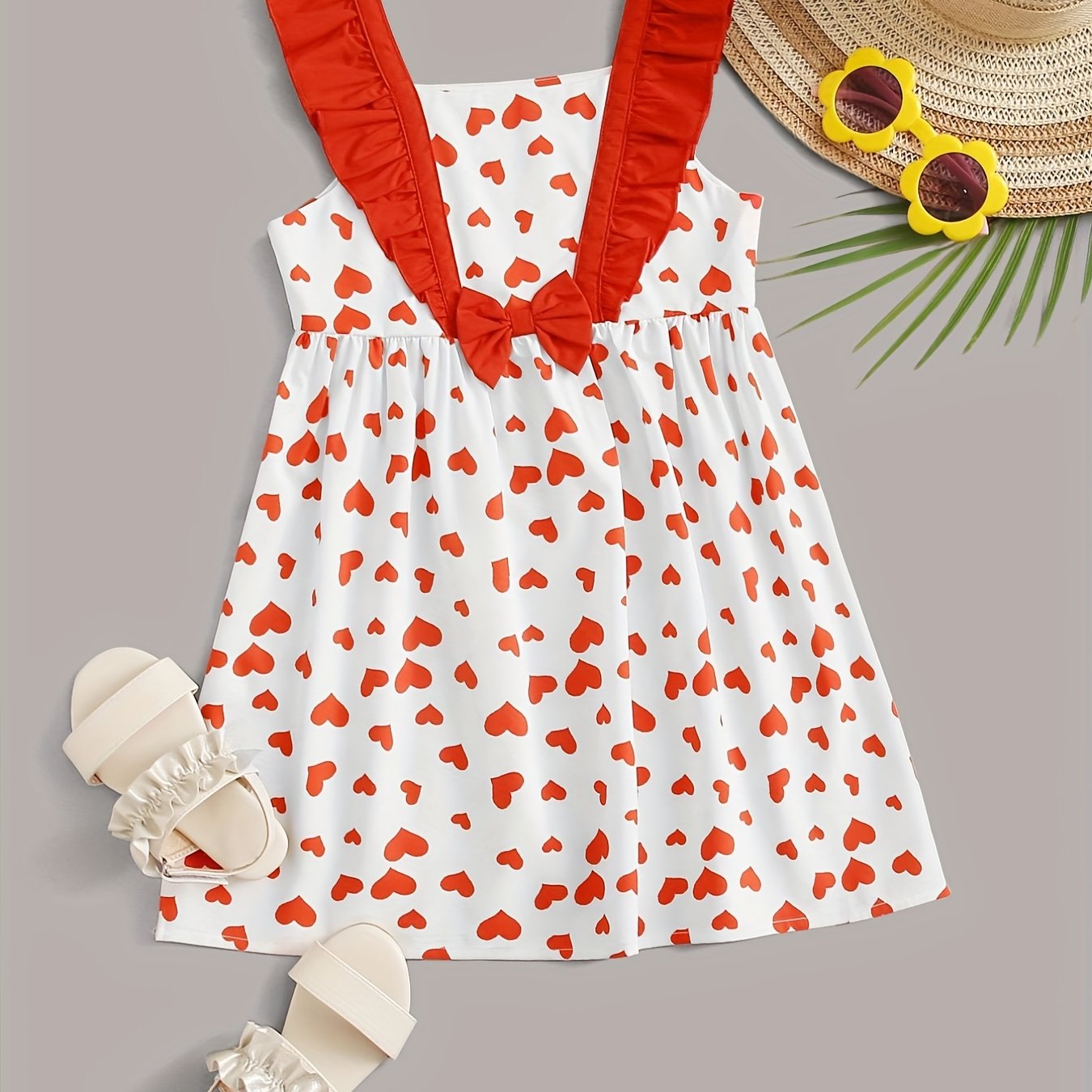 Toddler Girls Heart Graphic Bow Princess Dress For Party Beach