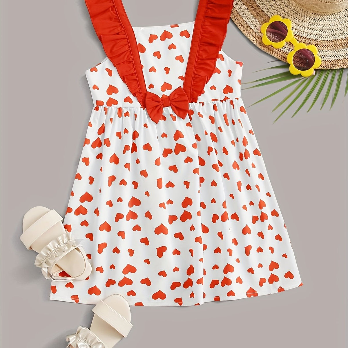 Toddler Girls Heart Graphic Bow Princess Dress For Party Beach