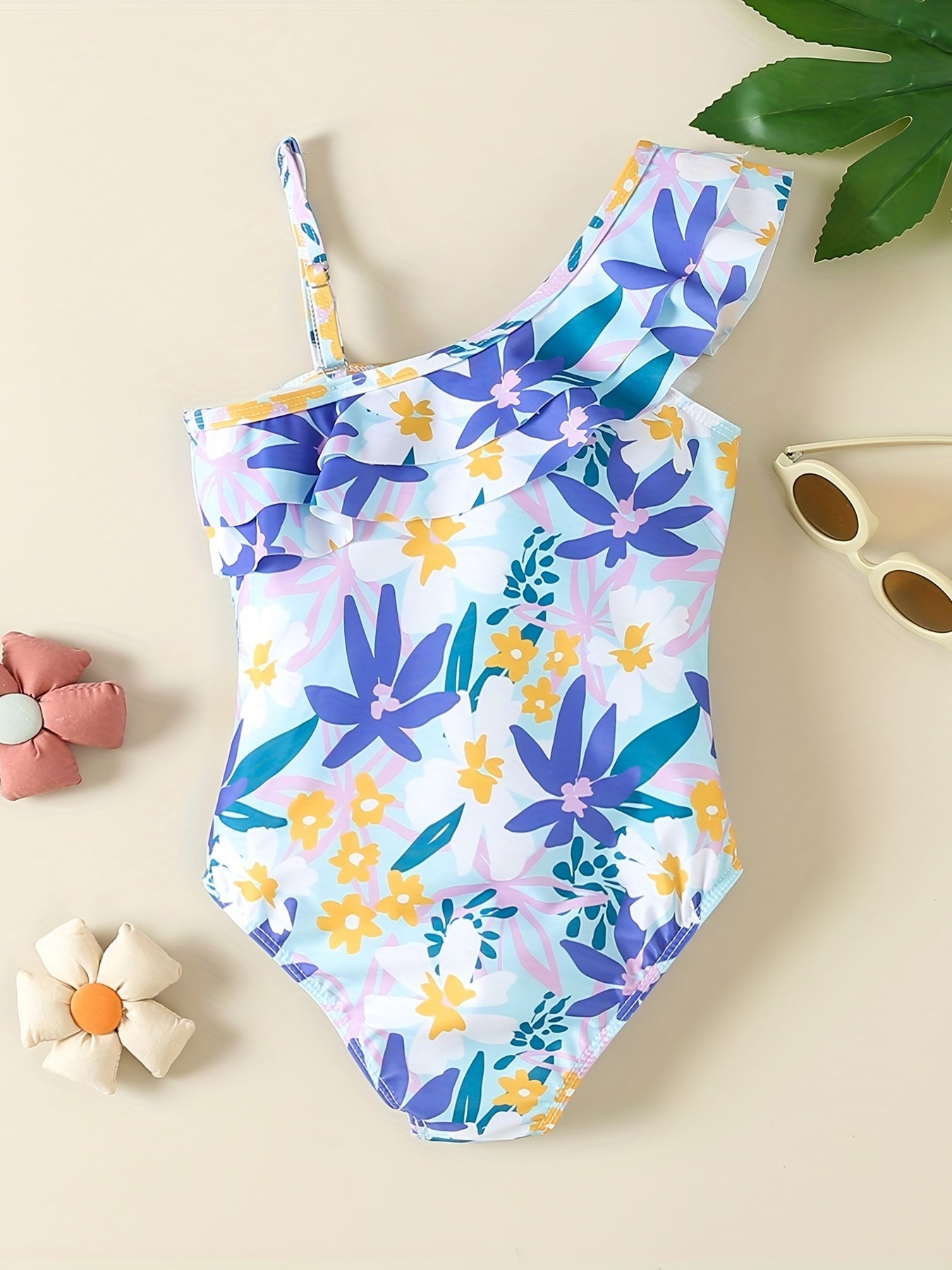 One Shoulder Swimsuit with Flower Graphic and Ruffled Trim