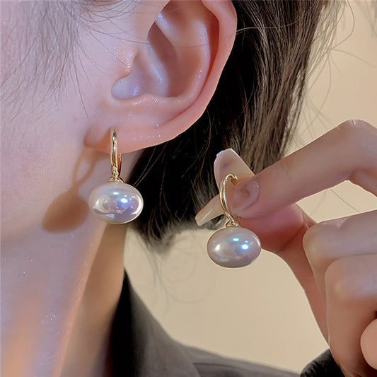 Metal Baroque Pearl Earrings Pop Pendant Flat Pearl Earrings