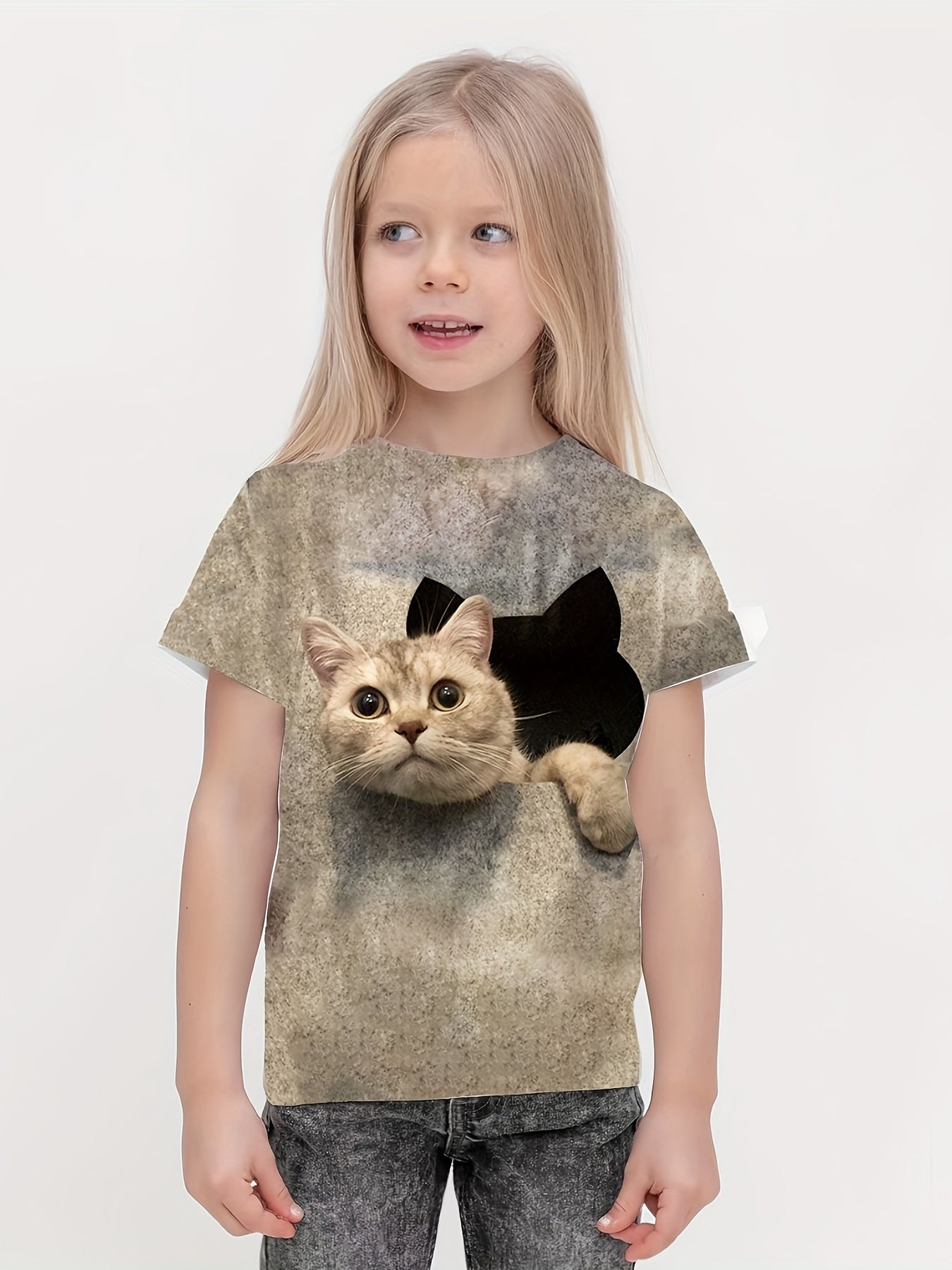 Girls 3D Cat Graphic Crew Neck T shirt Short Sleeve Summer Clothes
