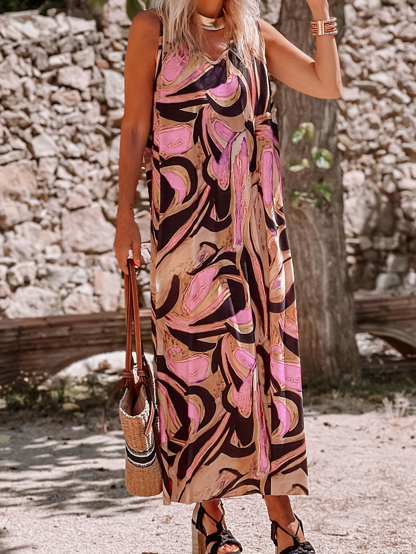 Women's Plus Random Print V Neck Maxi Tank Dress