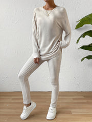 Ribbed Knit Two piece Set Long Sleeve Crew Neck Top & Slim Pants