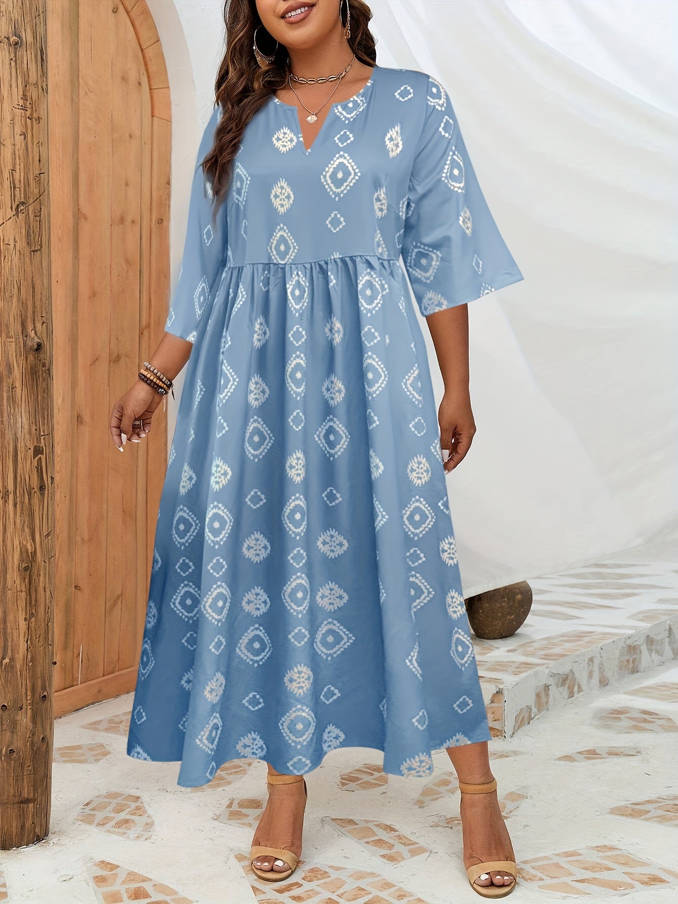  Geometric Print Half Sleeve Casual Dress