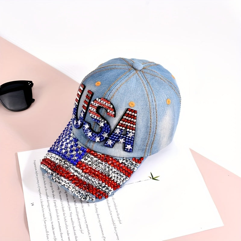 Rhinestone Flag Baseball Cap Denim Washed Distressed Unisex Sun Hat