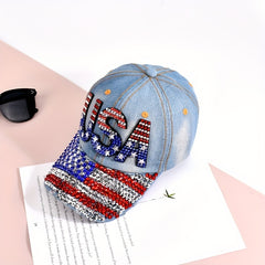 Rhinestone Flag Baseball Cap Denim Washed Distressed Unisex Sun Hat