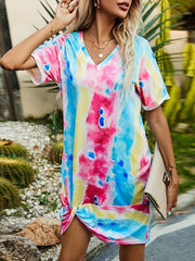 Tie Dye Twist Front V Neck Dress Short Sleeve Casual Summer Women Clothing