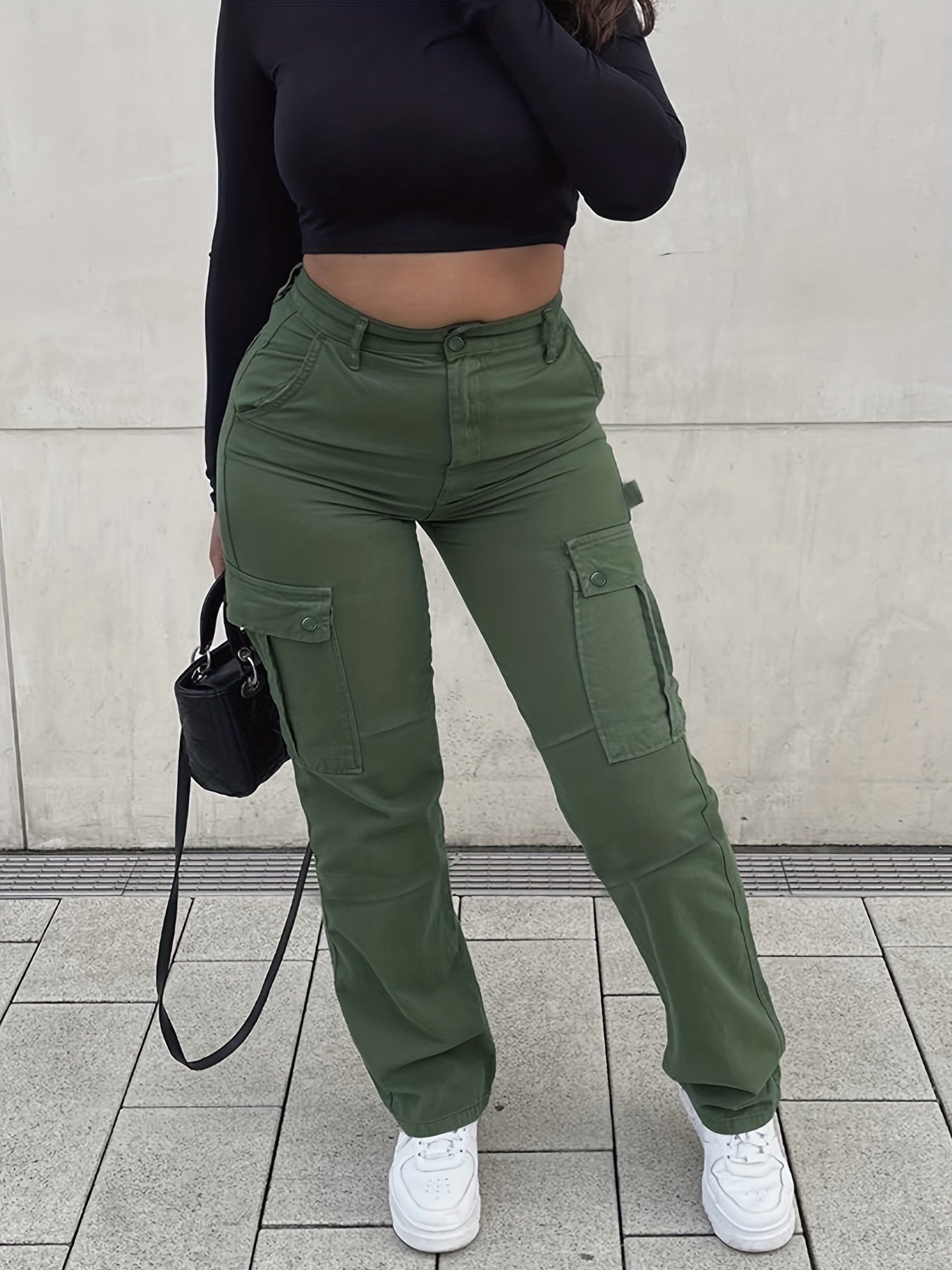 Flap Pockets High Waist Cargo Pants High Rise Straight Legs Denim Pants