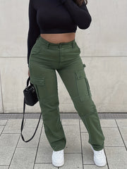 Flap Pockets High Waist Cargo Pants High Rise Straight Legs Denim Pants