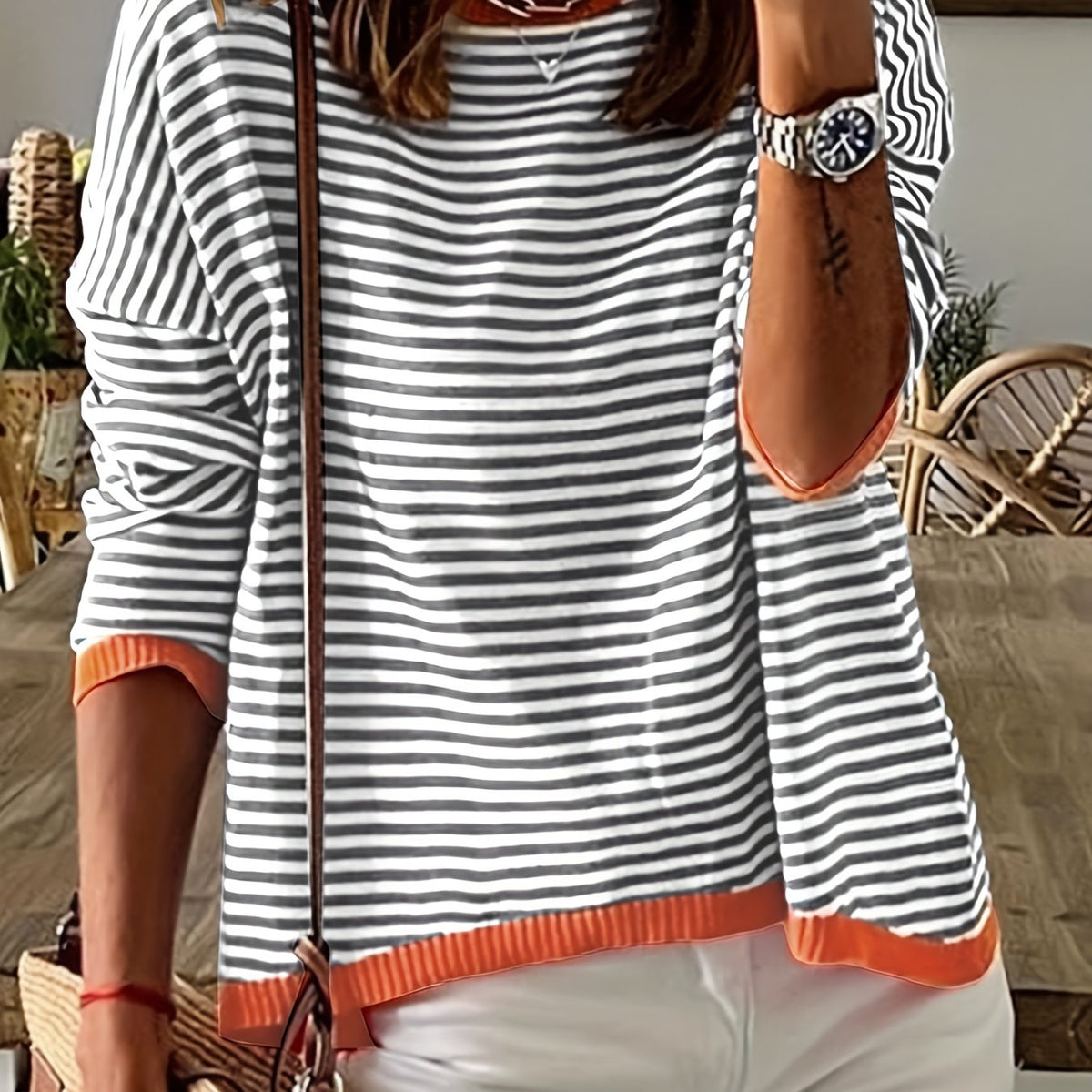 Striped Print Knit Sweater Crew Neck Drop Shoulder Sweater