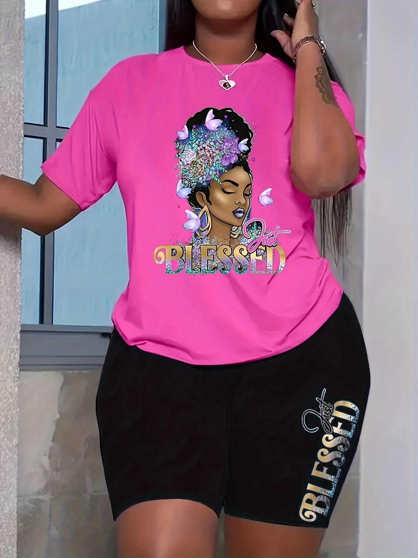 Blessed Girl Print 2 Pieces Set Crew Neck Short Sleeve T-shirt & Bodycon Shorts