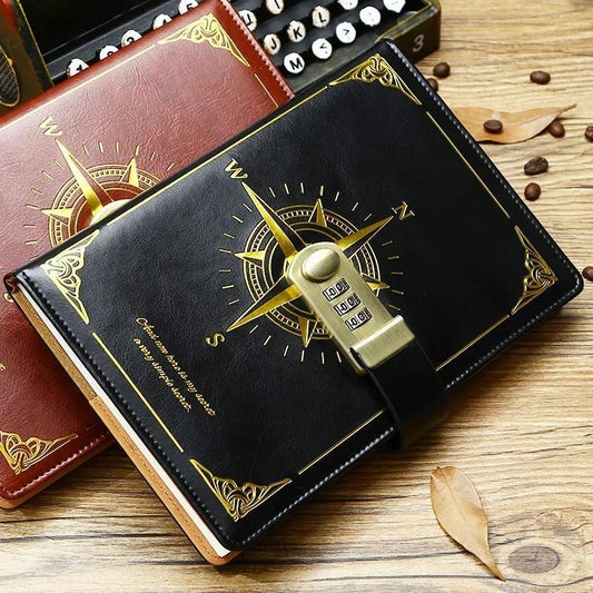 Vintage Leather Diary Notebook with Lock Retro Compass Plain Paper