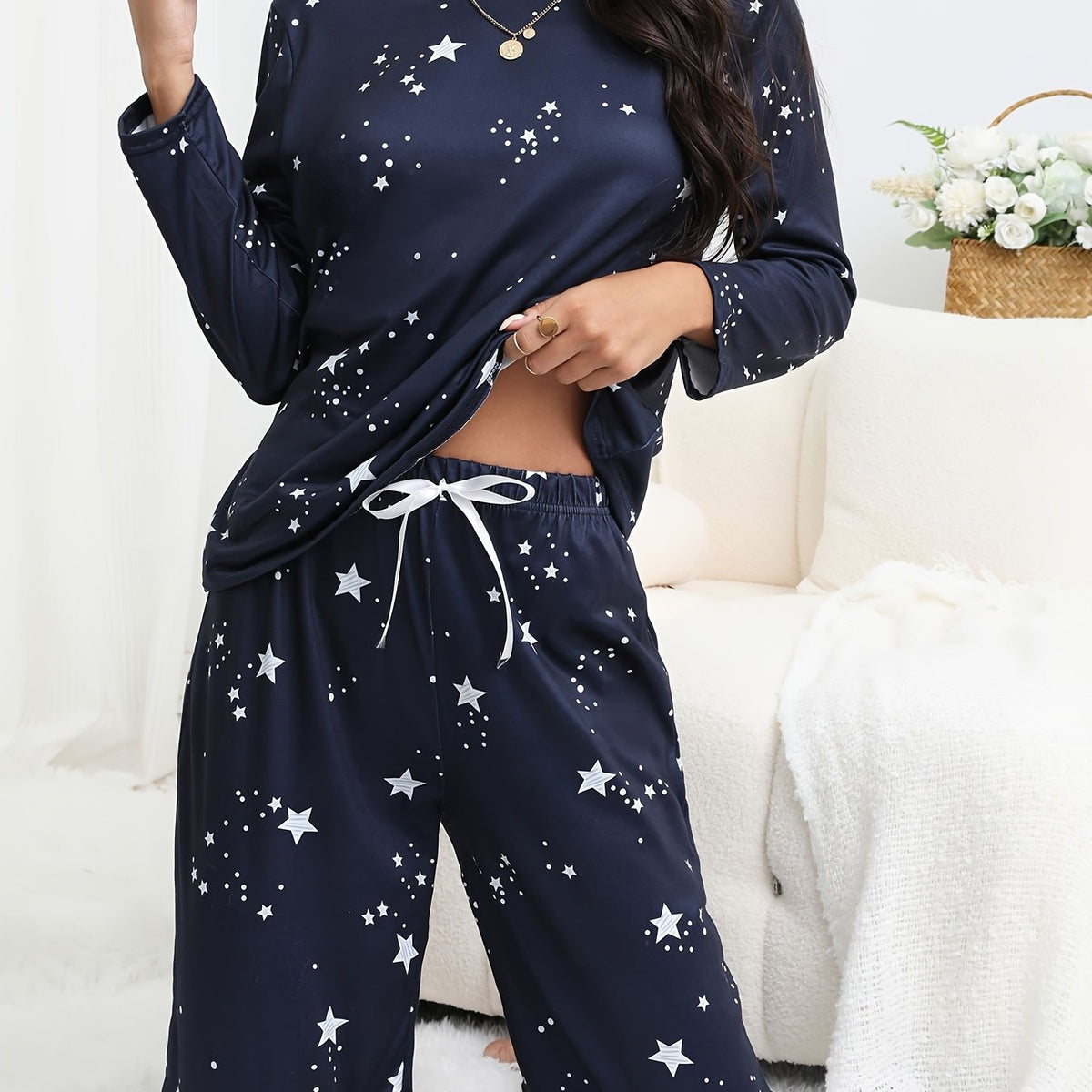 Starry Print Pajama Set Long Sleeve Crew Neck Top & Pants Sleepwear