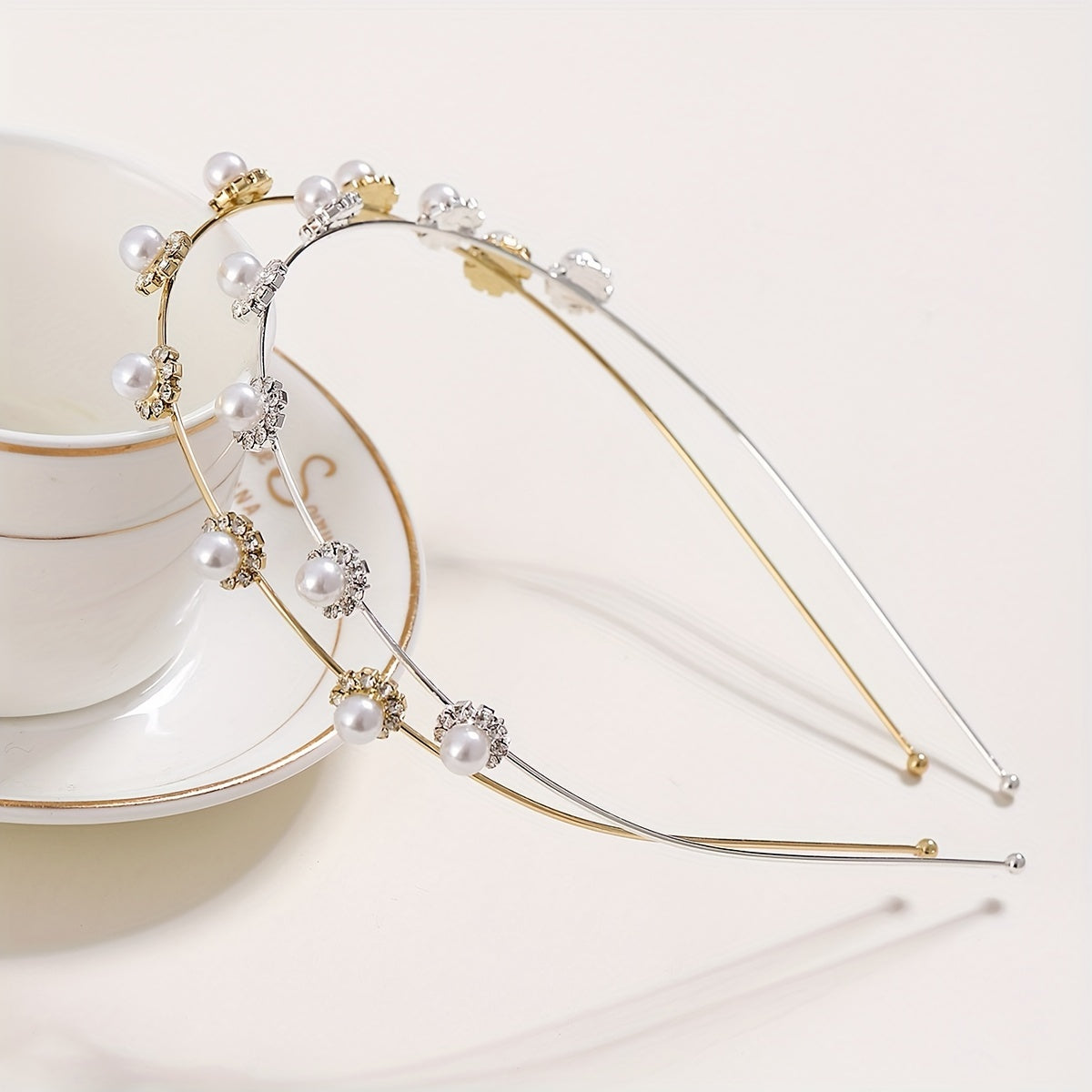 Faux Pearl Rhinestone Headband Style Head Hoop Alloy Hair Band