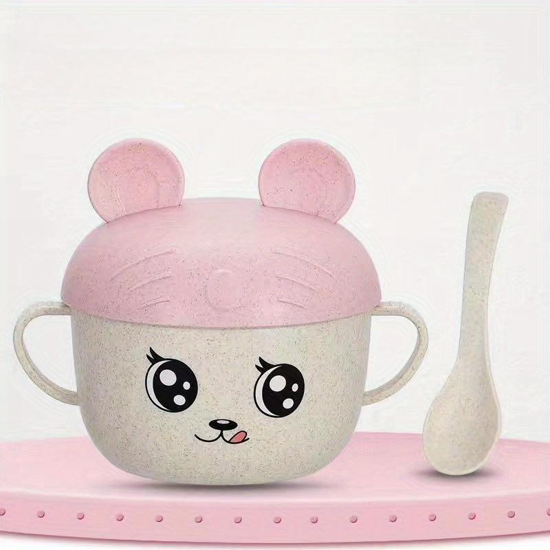 Children's Cartoon Double Handle Bowl with Lid and Spoon
