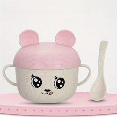 Children's Cartoon Double Handle Bowl with Lid and Spoon