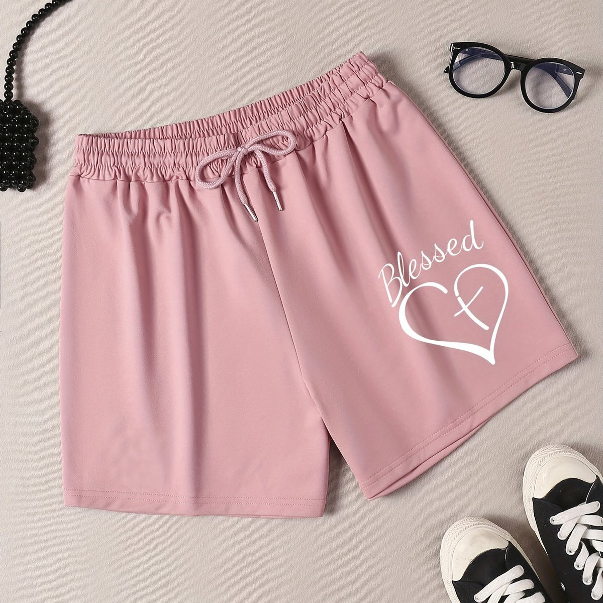 Women's Plus Cross Heart & Letter Drawstring Shorts