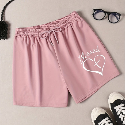 Women's Plus Cross Heart & Letter Drawstring Shorts