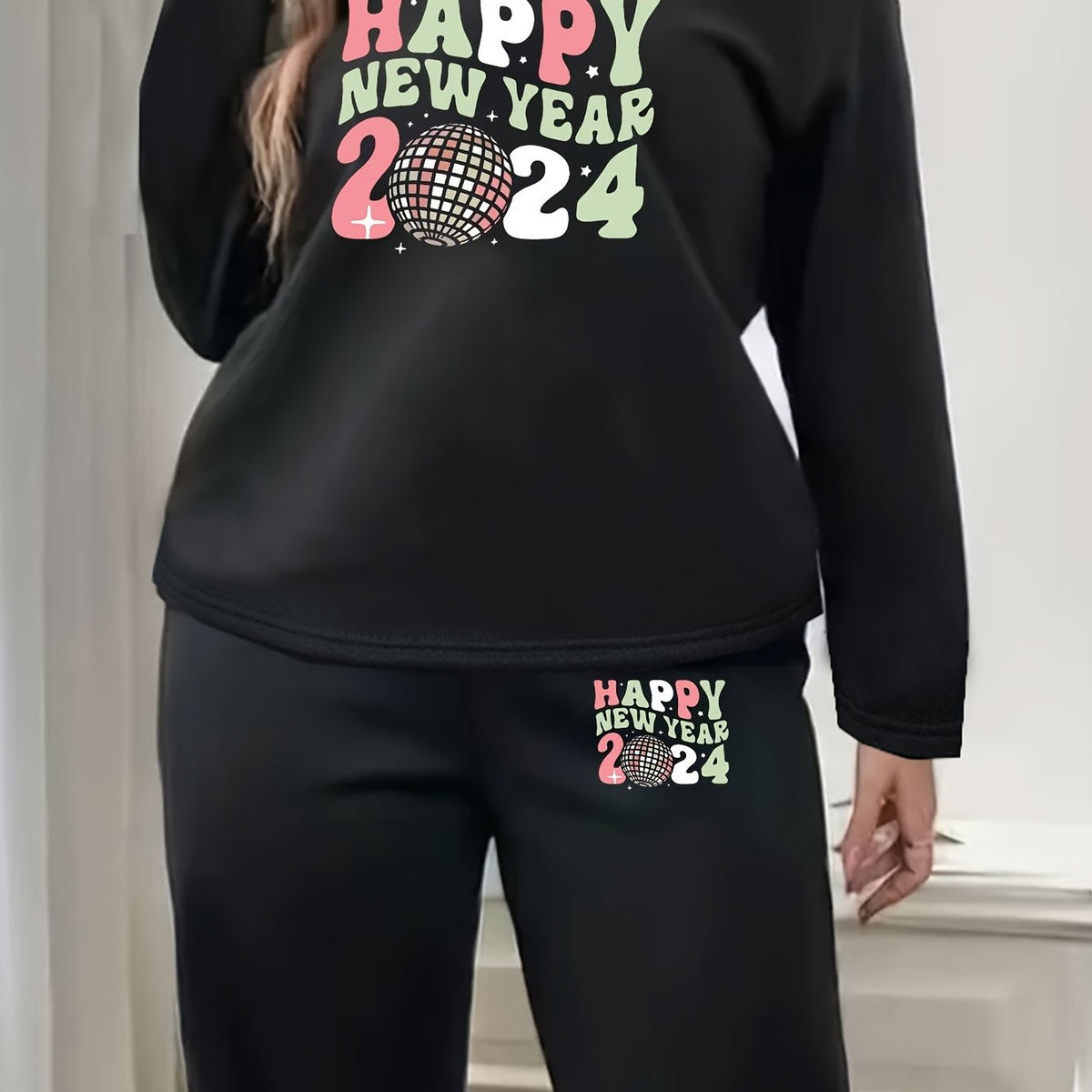  Slogan Print Fleece Lounge Set Long Sleeve Top & Joggers Pajamas
